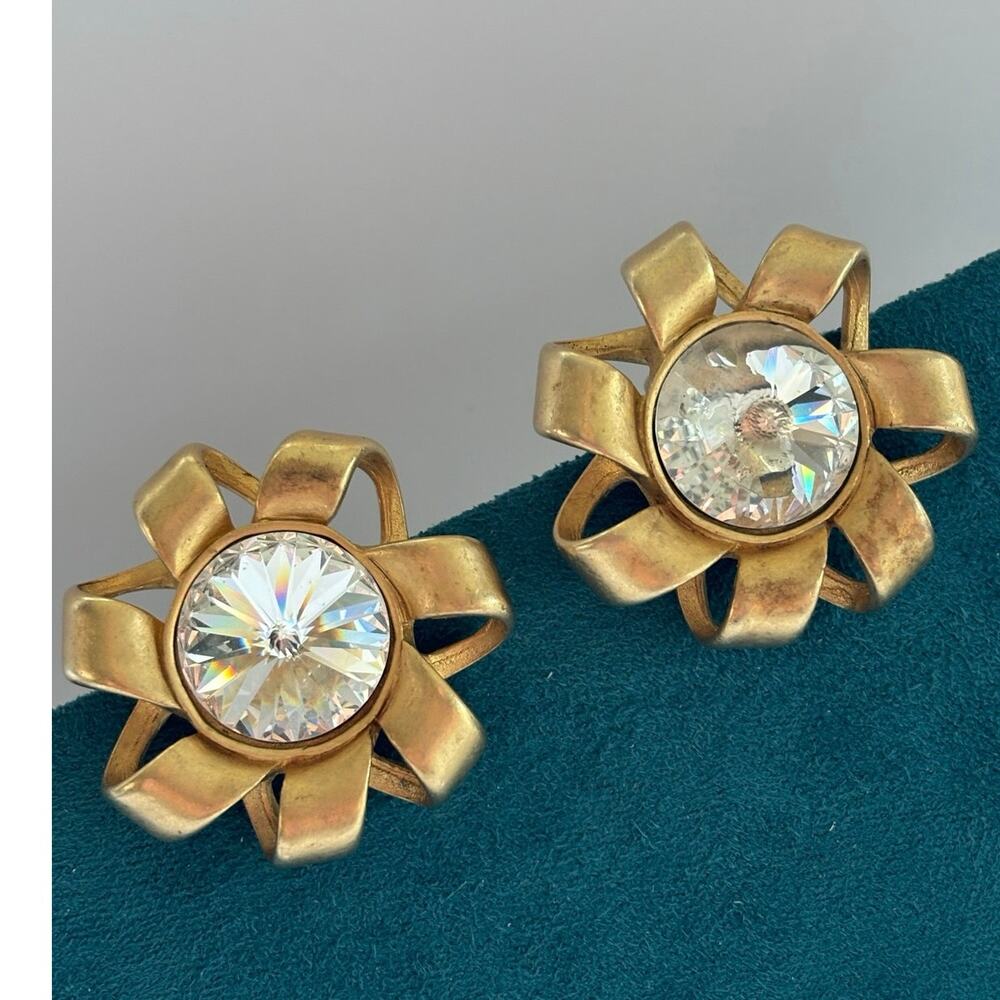 Vintage Large Erwin Pearl Huge Rhinestone Bow Flower Gold Tone Clip Earrings